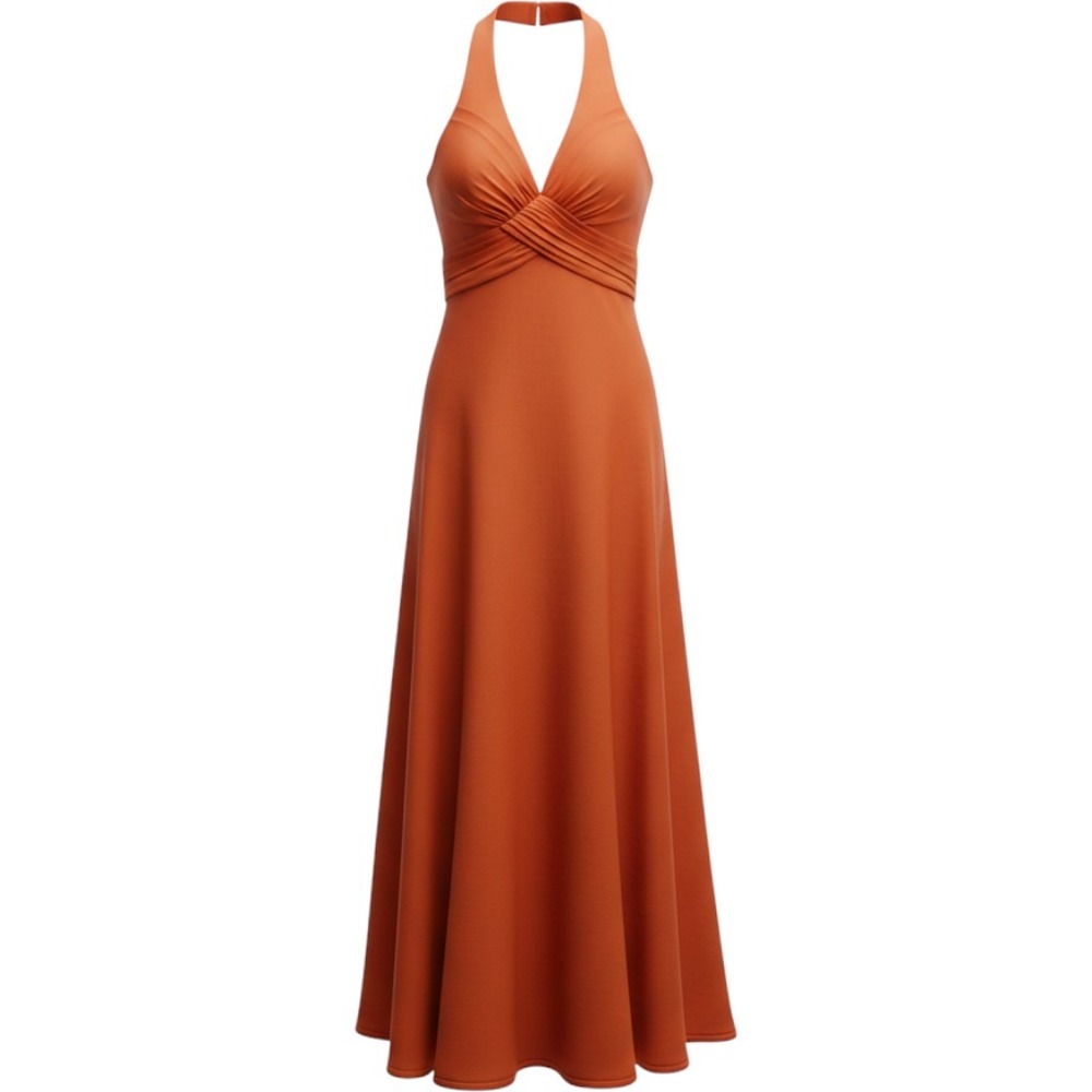 Azazie Halter Maxi Dress Womens A2 Orange Chiffon Pleated Formal Gown Evening